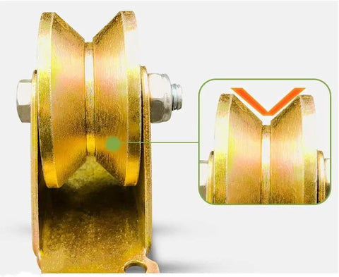 Heavy Duty Two Inch V Groove Steel Caster Wheels For Industrial Machinery And Sliding Doors Featuring Double Bearing Track Rollers side view of dual roller with reinforced steel bracket.