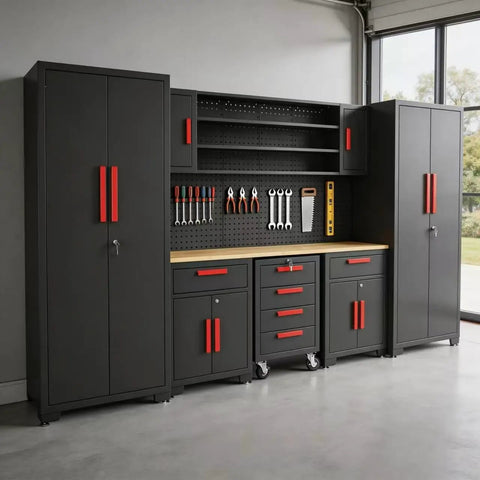 8 Piece Garage Storage Cabinet System With Locking Steel Cabinets Rolling Chest Pegboard And Workbench Black Pro Grade Beefy