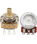 Two Pack B250K Linear Guitar Pots with fifteen-point-five millimeter short split shaft, twenty-four spline knurled shaft displayed