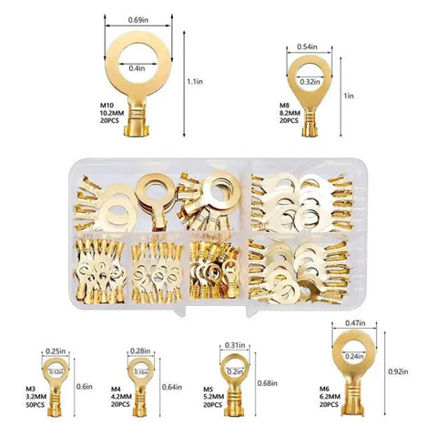 Top Shelf Heavy Duty Non Insulated Ring Terminals Solid Brass O Style Wire Connectors Pro Pack M3 M10 150 piece kit with sizes shown.