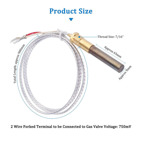 ChangTa gas fryer thermopile 2-wire thermocouple with forked terminal; braided lead, brass sensor, 7/16 inch thread