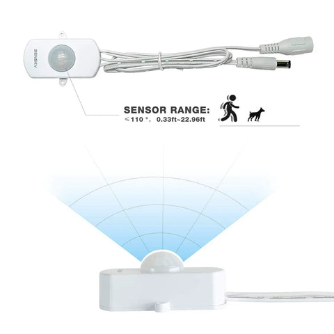 Mini PIR Motion Sensor Switch For DIY LED Lighting, Occupancy Sensor, DC 12V To 24V sensor range diagram and wiring setup