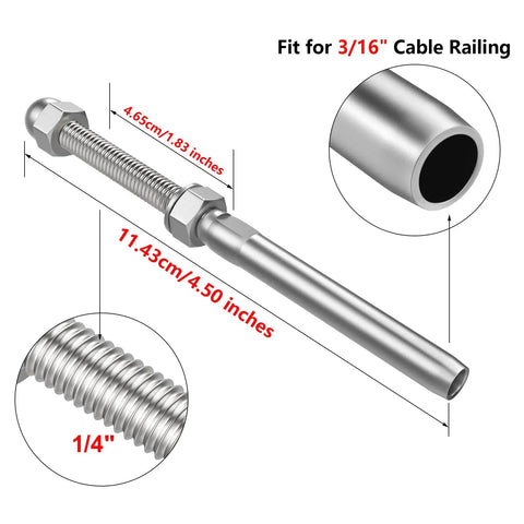 10 Pack 3 By 16 Inch Cable Railing Swage Threaded End Fittings Tension Terminals For Deck Railing 316 Stainless Steel Marine Grade Easy Install Indoor Outdoor Cable Rail Hardware close-up with measurements visible