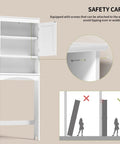 Premium Over The Toilet Storage Cabinet Featuring Adjustable Solid Wood Shelves And Deep Storage Bins For Rolls And Towels In A Sleek White Bathroom Organizer demonstrating safety features.