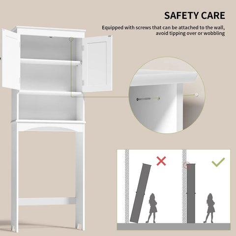 Premium Over The Toilet Storage Cabinet Featuring Adjustable Solid Wood Shelves And Deep Storage Bins For Rolls And Towels In A Sleek White Bathroom Organizer demonstrating safety features.