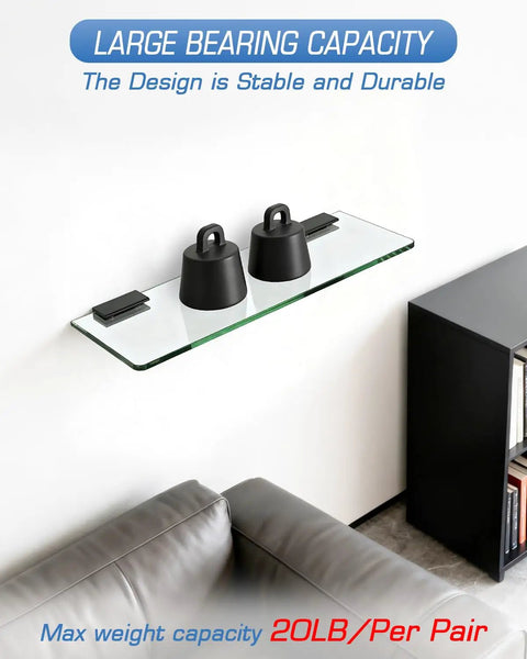 Professional Grade Glass Shelf Brackets Black Zinc Alloy Wall Mount Supports For 6 To 10mm Panels, displaying durable glass shelf with heavy duty brackets.