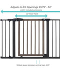Extra Wide Auto Close Baby Gate With Hold Open For Busy Homes Kid Friendly Safety Gate For Families Pressure Mounted Fits 29.75 To 52 Inches Wide 30 Inches Tall Graphite And Wood Finish Self Closing Swing Door, showing dimensions and extensions