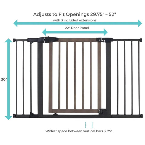 Extra Wide Auto Close Baby Gate With Hold Open For Busy Homes Kid Friendly Safety Gate For Families Pressure Mounted Fits 29.75 To 52 Inches Wide 30 Inches Tall Graphite And Wood Finish Self Closing Swing Door, showing dimensions and extensions
