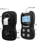 Portable Four Gas Detector With Pro Grade Rechargeable LCD Display And Audible Alarm For Oxygen Carbon Monoxide Hydrogen Sulfide And Explosive Gases Lightweight Air Quality Tester With Easy Calibration And Two Year Warranty, black ABS, front and back