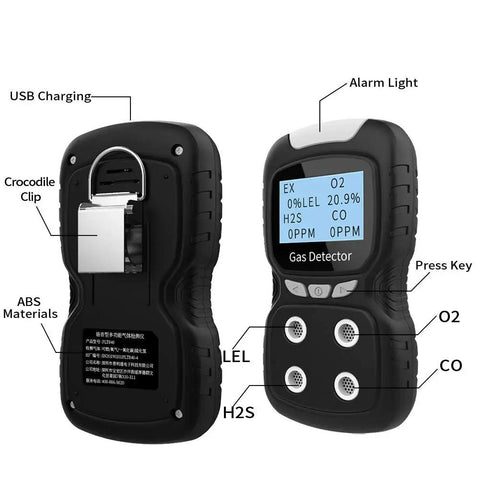 Portable Four Gas Detector With Pro Grade Rechargeable LCD Display And Audible Alarm For Oxygen Carbon Monoxide Hydrogen Sulfide And Explosive Gases Lightweight Air Quality Tester With Easy Calibration And Two Year Warranty, black ABS, front and back