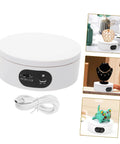 Luxshiny Electric Jewelry Rotating Turntable Display Stand With Smooth Auto-Spin Action For Storefronts And Home Organization stylish white acrylic motorized display with plug and USB cable.