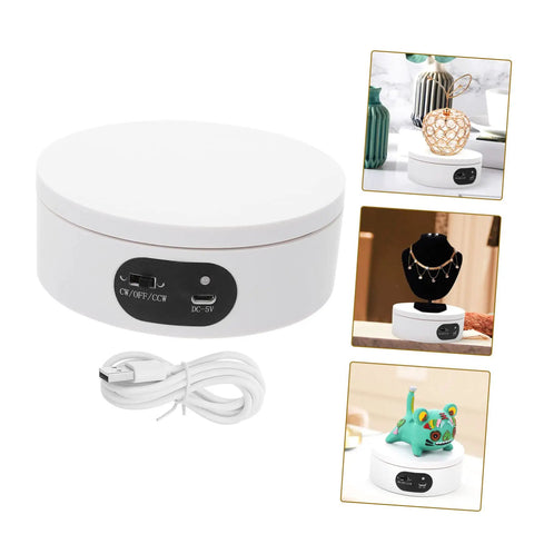 Luxshiny Electric Jewelry Rotating Turntable Display Stand With Smooth Auto-Spin Action For Storefronts And Home Organization stylish white acrylic motorized display with plug and USB cable.