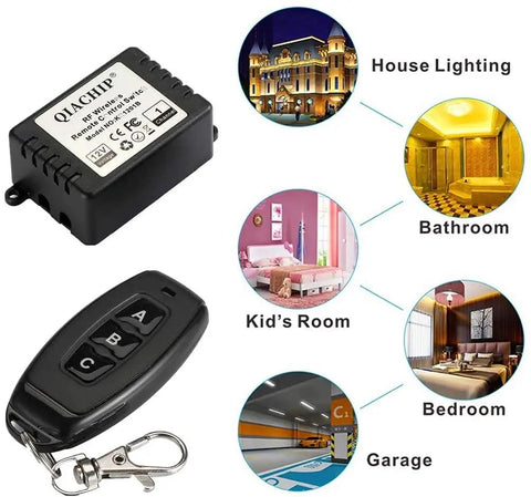 12V DC Wireless Relay Module 1 Channel 433 MHz RF Remote Kit For Doors And Lights With Receiver, Easy No Fuss Toggle Or Momentary Delay Switch, 164ft Range, Includes 2 Relays And 4 Remotes, black receiver and 3-button remote