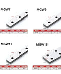 Close-up of MGW7, MGW9, MGW12, MGW15 precision linear rail sizes 14-42mm for CNC 3D builds.