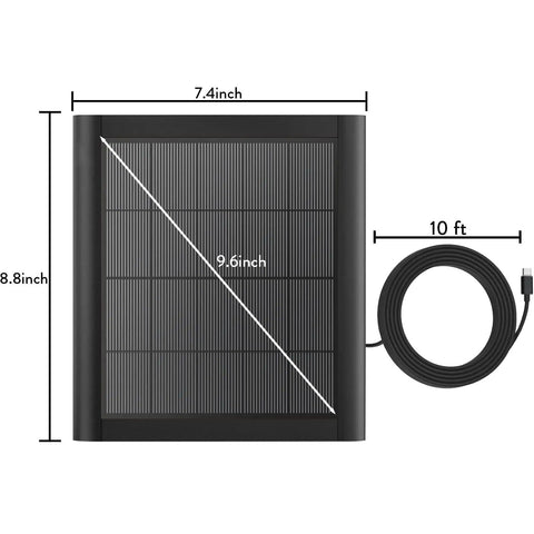 8W Solar Panel Charger For Outdoor Security Cameras With 10ft USB C Cable, solar panel dimensions and cable shown.