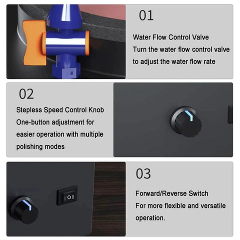 Water flow control valve and speed control knob on Heavy-Duty 350W Wet And Dry Bench Sander With Electric Knife Sharpening Machine.