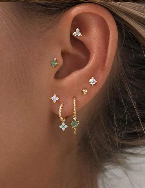 Gold Plated Earring Set For Women 9 Pairs Including Huggie Hoops Planet Ball Flower Dangle Studs Flat Back Cartilage Tragus Earrings For Multiple Piercings Stackable Jewelry Perfect For Everyday Vibe, gold-plated multiple piercings