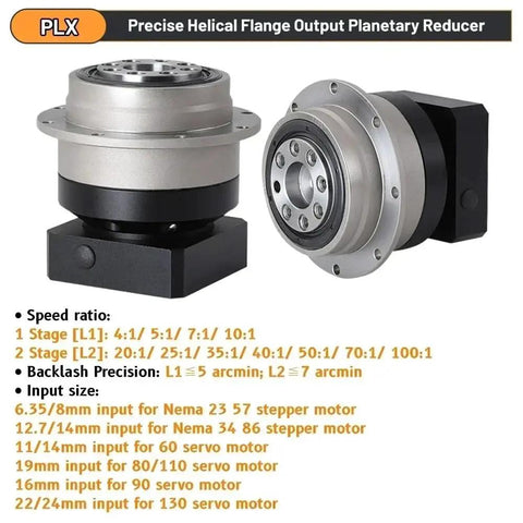 Smooth Slick Circular Flange Helical Planetary Gearhead Low Backlash Speed Reducer for Nema 23 34 servo motor with multiple input sizes.