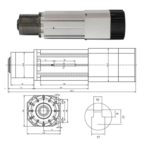Workhorse 9KW Automatic Tool Change Spindle With Smooth Air Cooling Iso30 Collet Chuck dimensions and design schematic.
