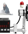 Slick Digital Length Meter Counter With Dual Relay Output For Cable Wire Rope And Fabric Tracking Dead On Precision Heavy Duty Rolling Wheel Measuring Tool 0 To 999999 Range with digital readout and sensor.