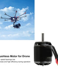 Beefed Up RC Brushless Motor For Multicopters And Drones In Black Aluminum Alloy 760KV with drone in flight background
