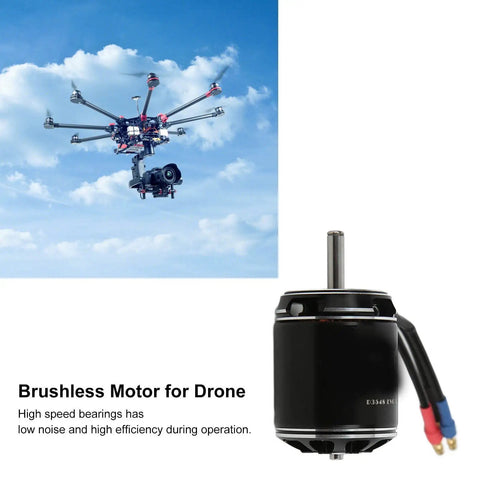 Beefed Up RC Brushless Motor For Multicopters And Drones In Black Aluminum Alloy 760KV with drone in flight background