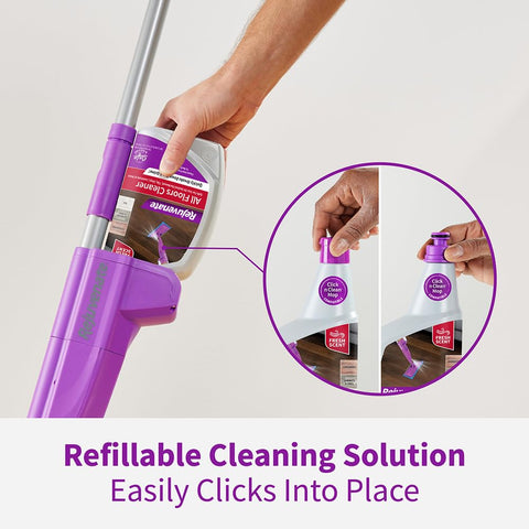 Click N Clean Multi Surface Spray Mop All In One Kit bottle adapter being attached to mop handle, easy click mechanism.
