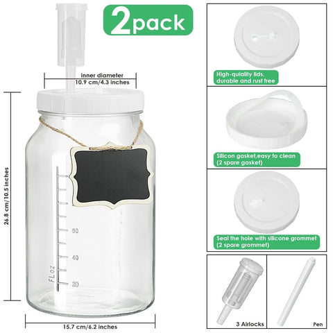 2 Pack 1 Gallon Fermentation Jars With 3 Airlocks And 2 Screw Lids Heavy Duty Airtight Wide Mouth Glass Jars With Scale Marks