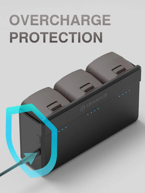 G30 Drone 3 In 1 Charging Dock For Drones, black and brown finish, showing overcharge protection feature with cable connected