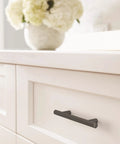 Matte Black Cabinet Pull 3 3 4 Inch Center To Center 5 7 8 Inch Overall Length Ideal For Cabinets Drawers And Furniture Contemporary Modern Hardware Caliber 1 Pack Drawer Pull Cabinet Handle installed on white drawer