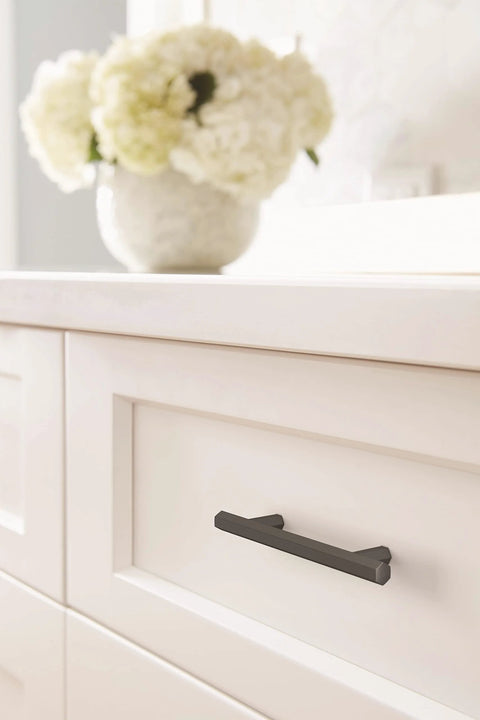 Matte Black Cabinet Pull 3 3 4 Inch Center To Center 5 7 8 Inch Overall Length Ideal For Cabinets Drawers And Furniture Contemporary Modern Hardware Caliber 1 Pack Drawer Pull Cabinet Handle installed on white drawer