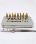 Heat Set Insert Tool With Brass Threaded Inserts In M2 M2.5 M3 M4 M5 M6 M8 Sizes TS100 TS101 Compatible For 3D Printing And DIY Electronics Projects For Hobbyists And Pros displayed with inserts and tool on a case