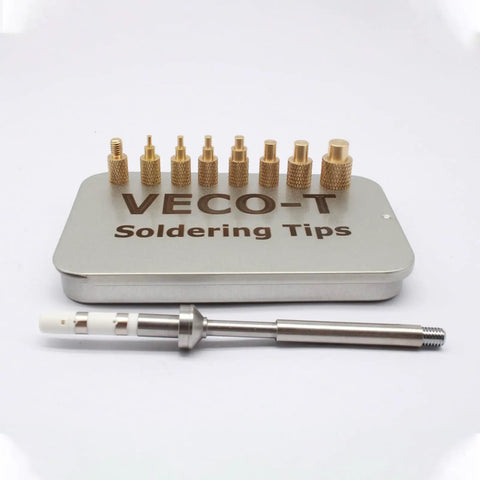 Heat Set Insert Tool With Brass Threaded Inserts In M2 M2.5 M3 M4 M5 M6 M8 Sizes TS100 TS101 Compatible For 3D Printing And DIY Electronics Projects For Hobbyists And Pros displayed with inserts and tool on a case