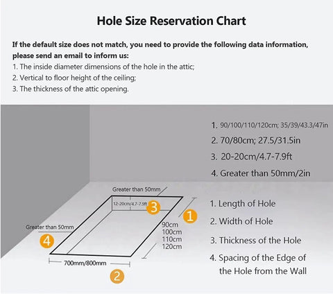 Hole Size Reservation Chart for Built Like A Tank Automatic Electric Attic Ladder with dimensions and measurements for installation.