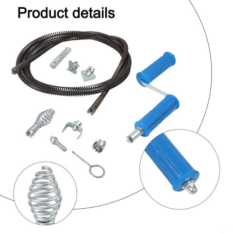 Heavy Duty Steel Drain Snake Flexible Auger Cord Three Meter Spiral Rig With Six Swappable Cutting Heads and accessories.