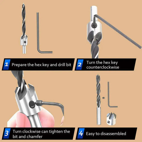 Step-by-step guide showing Must Have 23 Piece Woodworking Chamfer Countersink Drill Bit Set With Hex Shank HSS Five Flute 90 Degree Bits