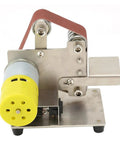 Mini Electric Belt Sander, Compact Handheld DIY Polisher, Sharpener & Grinder For Wood Sanding, Portable Power Tool Machine with yellow motor.