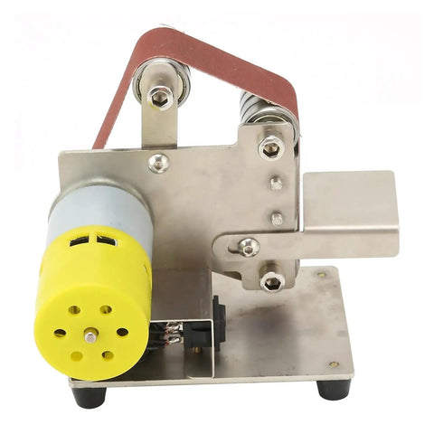 Compact Mini Electric Belt Sander Machine For Handheld DIY Polishing Grinding And Sharpening Tasks with yellow motor and metal body.