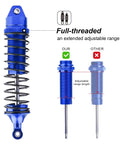 All Metal Shocks Set 1/10 Scale RC Cars Blue 4 Pack Oil Type Unoiled for Adjustable Damping Compatible With Traxxas Slash 4x4 Rustler VXL Hoss Stampede Bandit Nitro Upgrades displayed with full-threaded adjustable range comparison.