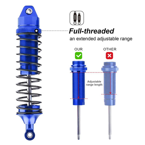 All Metal Shocks Set 1/10 Scale RC Cars Blue 4 Pack Oil Type Unoiled for Adjustable Damping Compatible With Traxxas Slash 4x4 Rustler VXL Hoss Stampede Bandit Nitro Upgrades displayed with full-threaded adjustable range comparison.