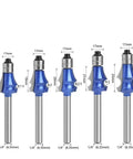 Premium Carbide Drawing Line Router Bit Featuring Solid 1/4 Inch Or 6mm Shank For Smooth Woodworking With Curved Profiles In R1.5 To R4 Sizes showing multiple bits with measurements.