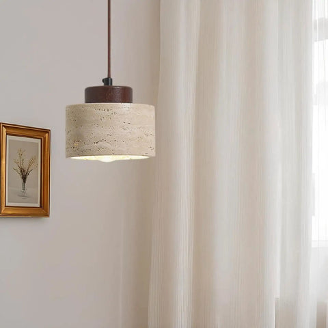 Modern Mini Pendant Light, Travertine Stone Light Fixture with Wooden Accent, hanging above a curtain and framed art.
