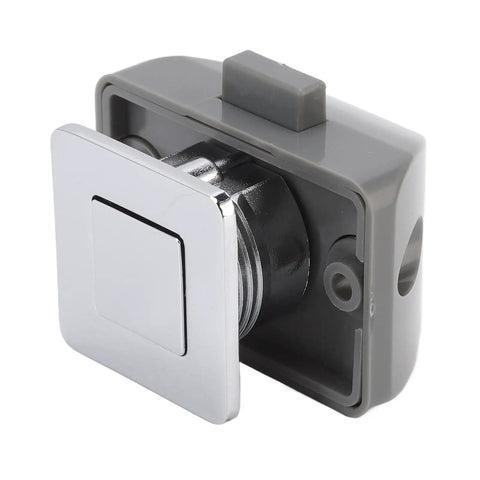 Push Button Cabinet Latch With Handle Keyless Zinc Alloy Lock For RV Drawers And Cupboards, shown in side view with chrome finish