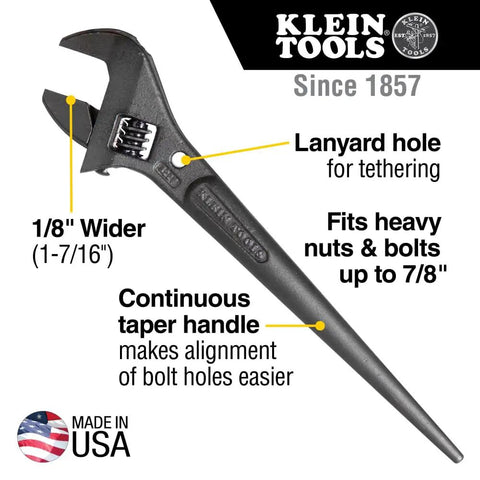 Extra Wide Adjustable Wrench for Heavy Nuts and Bolts by Klein Tools, 10 Inch Spud Wrench With Tether Hole, Made in USA