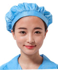 Four Pack Pro Grade Anti Static Workshop Hats For Adults Heavy Duty Polyester Cleanroom Caps Zero Lint Dustproof Safety Gear For The Daily Grind In White Pink Yellow worn by a woman in blue.