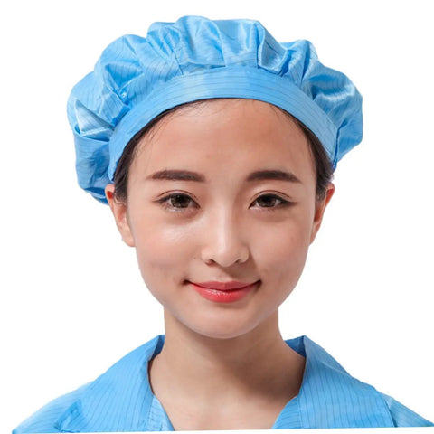 Four Pack Pro Grade Anti Static Workshop Hats For Adults Heavy Duty Polyester Cleanroom Caps Zero Lint Dustproof Safety Gear For The Daily Grind In White Pink Yellow worn by a woman in blue.