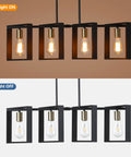 Four Light Wood Chandelier With Black Wood Frame And Gold E26 Socket Industrial Rectangle Linear Pendant Light with bulbs on and off