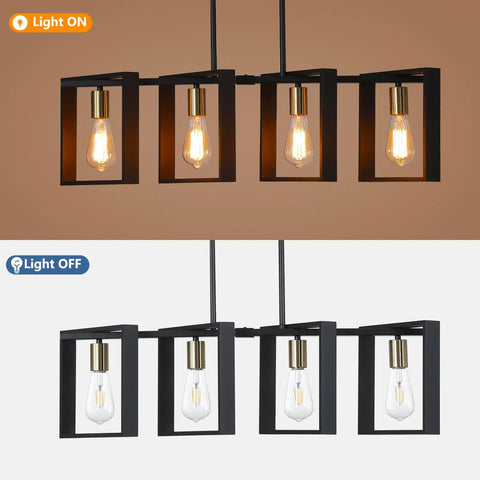 Four Light Wood Chandelier With Black Wood Frame And Gold E26 Socket Industrial Rectangle Linear Pendant Light with bulbs on and off