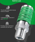 Heavy Duty One Half Inch Air Hose Fittings Kit With Quick Connect Coupler And Plugs, 300 PSI Industrial Iron, High Flow Set For Pneumatic Tools And Air Compressors, Built To Last, Includes Teflon Tape For Easy Install. green 1/2 inch iron air hose fitting with threaded end