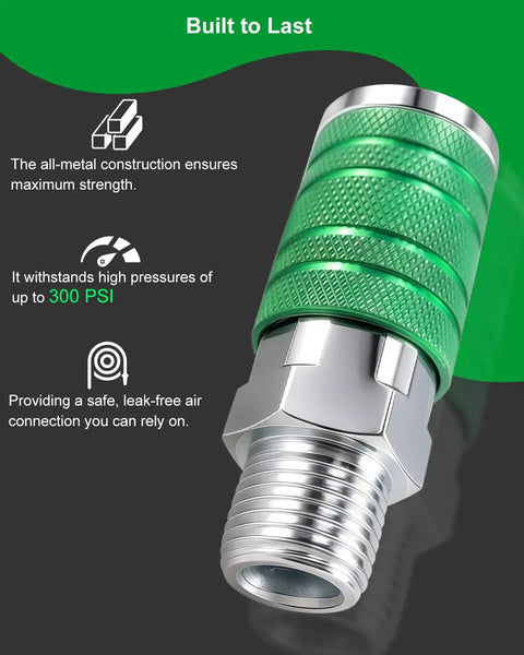 Heavy Duty One Half Inch Air Hose Fittings Kit With Quick Connect Coupler And Plugs, 300 PSI Industrial Iron, High Flow Set For Pneumatic Tools And Air Compressors, Built To Last, Includes Teflon Tape For Easy Install. green 1/2 inch iron air hose fitting with threaded end